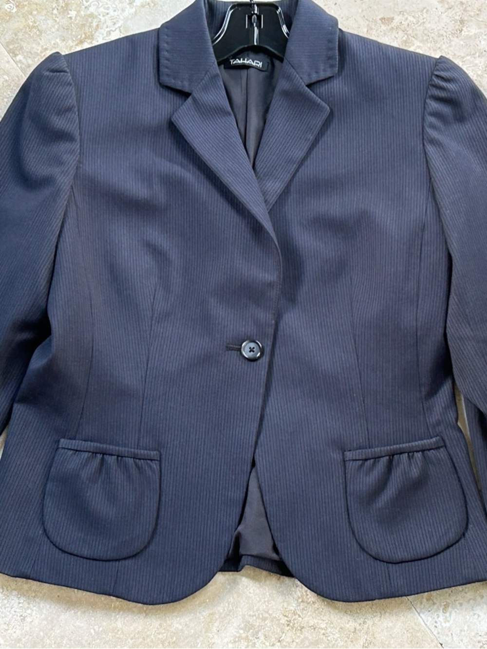 Tahari Dark Navy Pinstripe Single-Button Blazer, Size 8( Size tag is cut off) - Picture 3 of 16